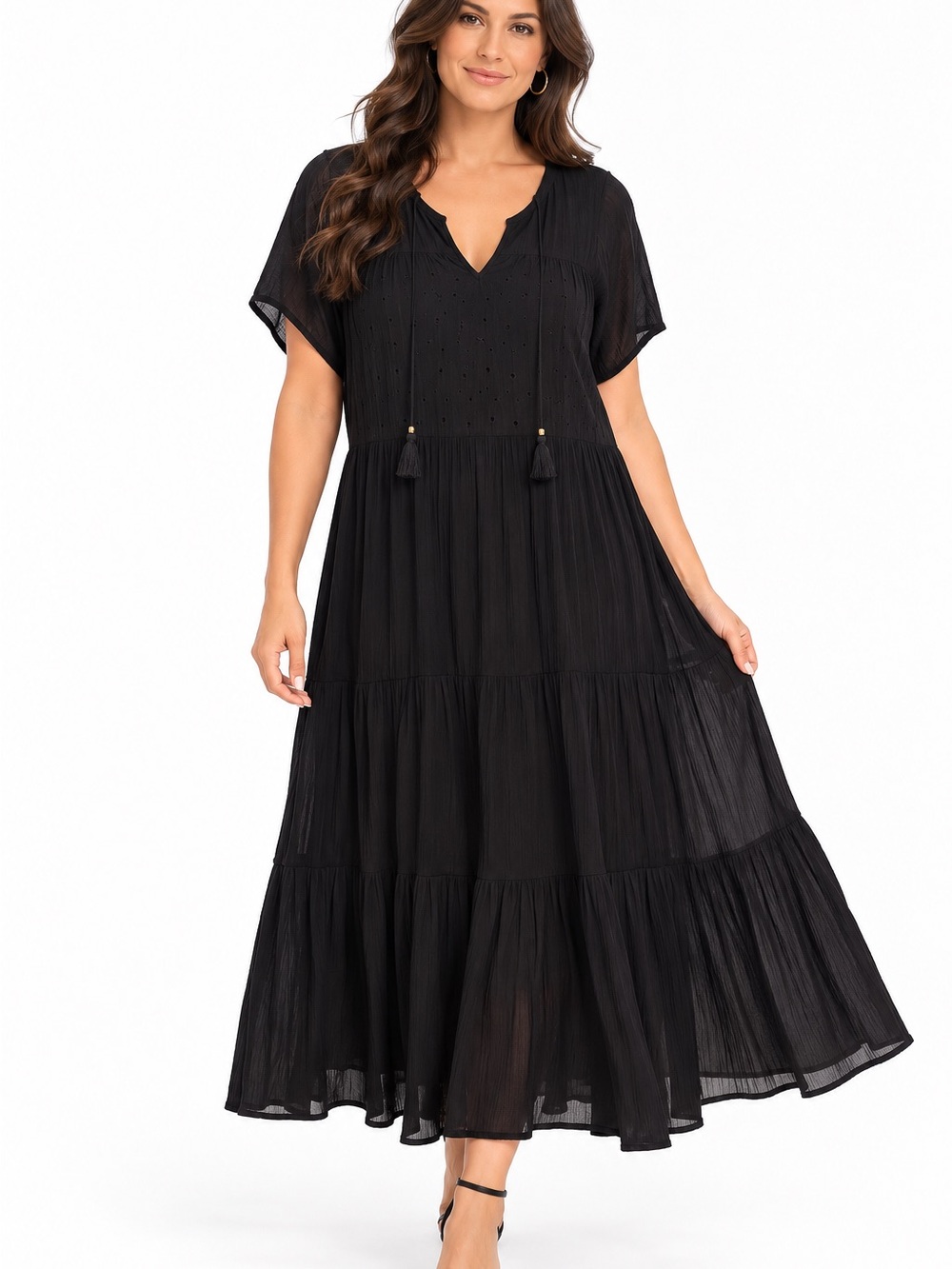 Sonoma Black Eyelet Tassel Tiered Maxi Dress Size 0X NWT Boho